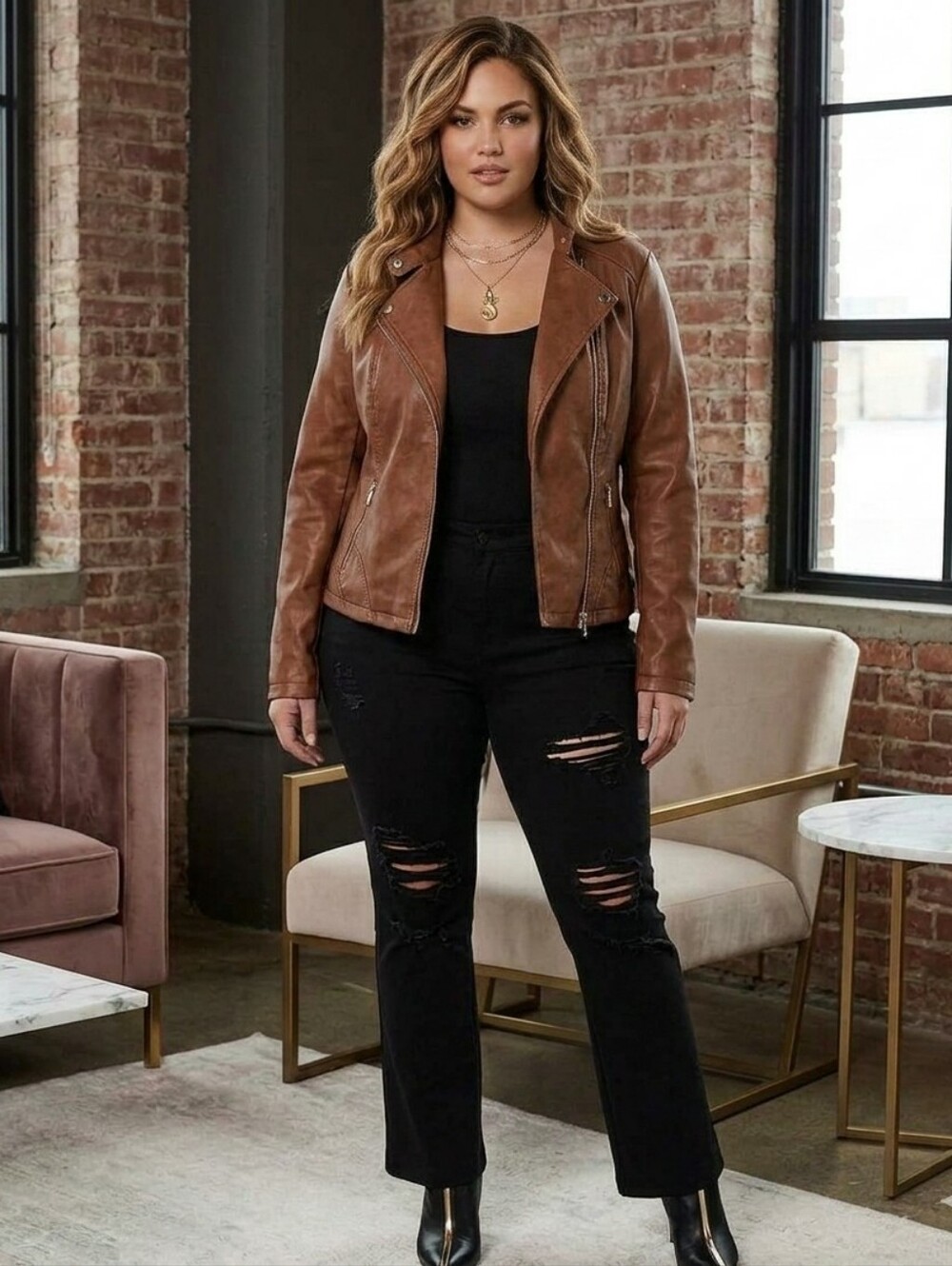 GUESS Brown Faux Leather Moto Jacket with Floral Lining Fits 1x